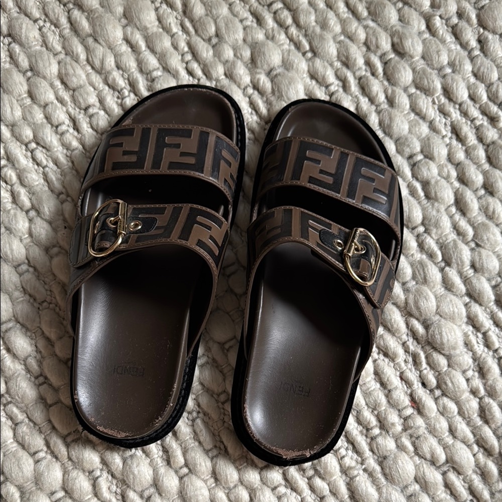 Fendi Black and Brown Logo Slide Sandals